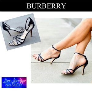 BURBERRY Strappy Leather Navy Blue w/Classic Plaid Toe Stiletto Sandals w/Box
